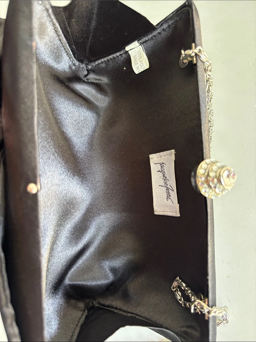 Black Satin Rose Appliqué Evening Clutch with Silver Chain